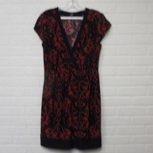 Majora Red Black Crossover V neck Midi Cap Sleeve Dress Size Medium